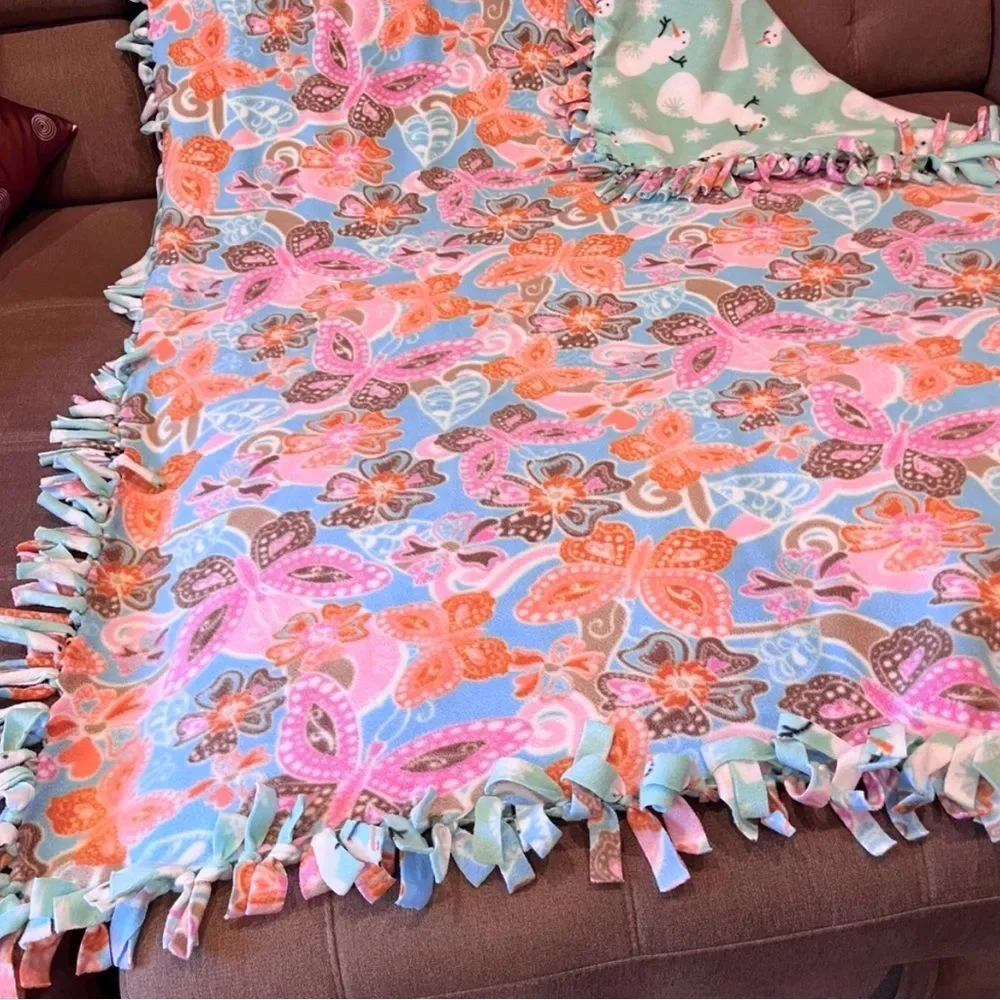 Reversible Fleece Blanket Colorful Floral Snowman Paisley Fringe Plush Throw